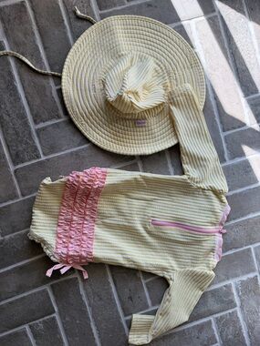 Ruffle Butts Yellow and Pink Girls' Rashguard Swimsuit with Sun Hat